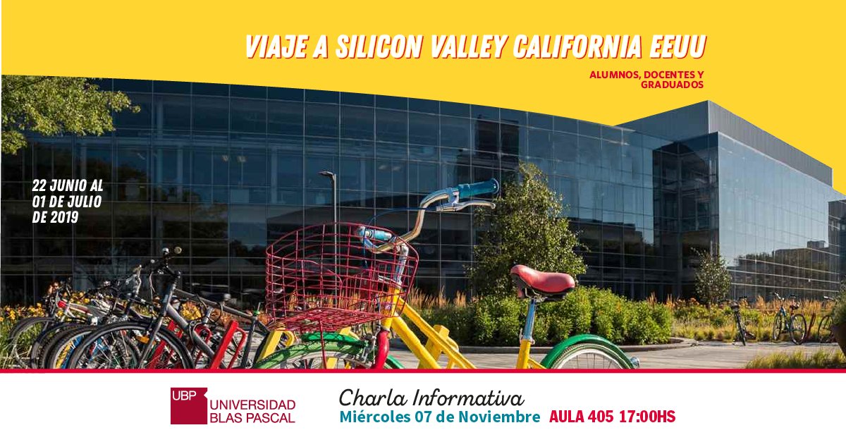No te pierdas la oportunidad de visitar las empresas de tecnología líderes en el mundo, compartir con emprendedores y estudiantes, asistir a universidades, museos de tecnología y lugares turísticos.✈
📆 7 de Noviembre 🕔 17 h
📍 Campus #UBP - Aula 405
>Charla Informativa<