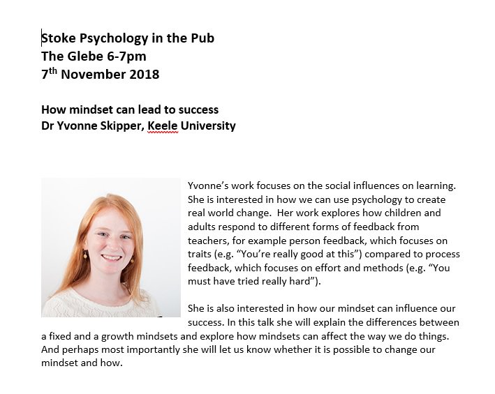 Psychology in the Pub tomorrow (Weds 7th Nov). 6pm. 
See you there! <a href="/KeelePsychology/">Keele Psychology</a> <a href="/StaffsPsych/">Staffs Uni Psychology</a>