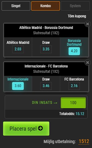 Det finns många fina CL-matcher idag och ett par spännande underdogs. Vill du vinna kupongen nedan som kan ge dig 1512 kr i vinst? 

- Följ oss
- Retweeta detta inlägg
- Vinnare dras kl. 20.55