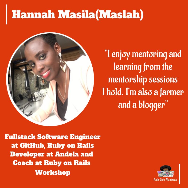 railsgirls_msa's tweet image. Next is @han_maslah 💃💃
Our very own gem💎❤️ and developer @Andela_Kenya .If you know Maslah you know how the community is dear to her heart!She is always willing to assist,a quality that makes her stand out!!!Welcome @han_maslah #CodingGems #RailsGirlsMsa