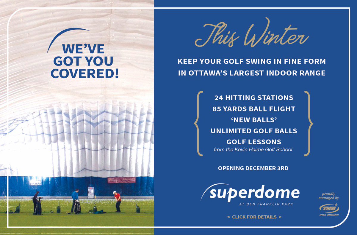 Our indoor driving range and walking program starts December 3rd!

Get details and winter memberships on-line benfranklinpark.ca or call 613-829-3663.