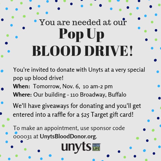 weconnectlife's tweet photo. Pop Up Blood Drive today at Unyts! Stop by and help save lives right here in WNY. #Unyts #DonateLife #LocalPatients #LocalHospitals https://t.co/64f6BfpQVk