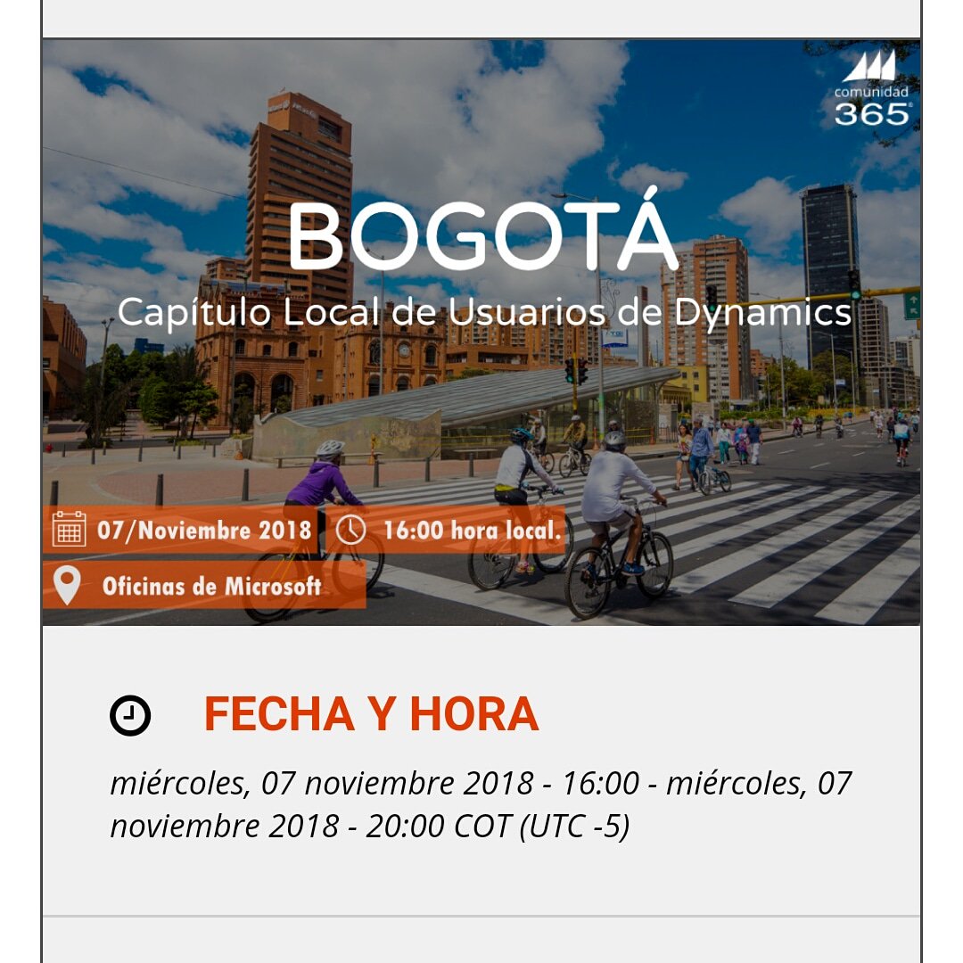 GTNetColombia's tweet photo. La Comunidad365, tienen el agrado de invitarlos al Encuentro de Usuarios de Dynamics en Bogotá este 07 de Noviembre en las Oficinas de Microsoft (ENTRADA LIBRE). Puedes registrarte aquí: https://t.co/nzXH1zXrGJ https://t.co/artyYbTtWk