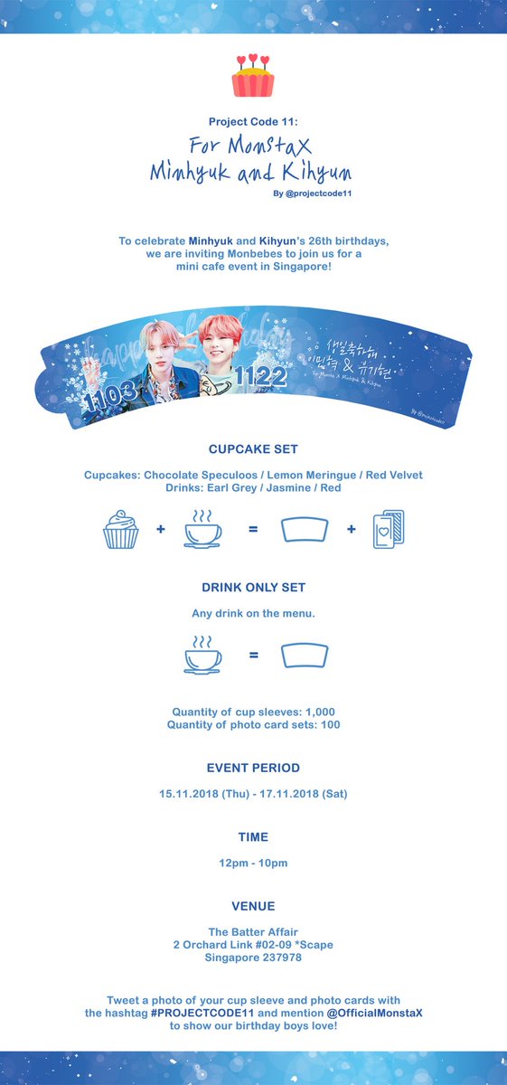 projectcode11's tweet image. PROJECT CODE 11 in Singapore ๐
Treat yourself to a drink this not so chilly November as we celebrate @OfficialMonstaX Minhyuk and Kihyunโs birthday! ๐
Monbebe, #Are_you_thereโ
โ
#MONSTA_X #๋ชฌ์คํ์์ค #MINHYUK #๋ฏผํ #KIHYUN #๊ธฐํ #PROJECTCODE11