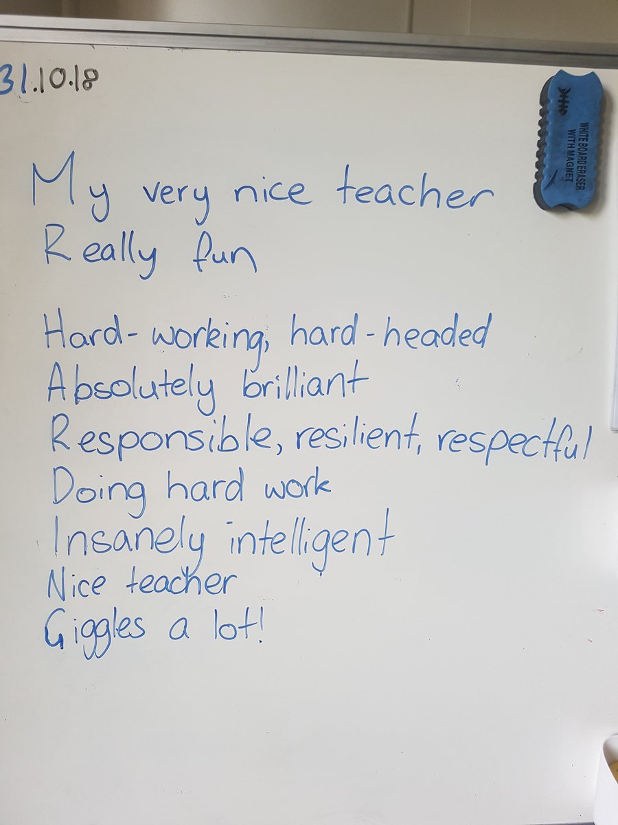I was away from school one day and I asked the casual teacher to introduce acrostic poems to the students. I said to use my name as the example. I also mentioned that I wanted them to be honest. 
I came back to class and saw this! What a great bunch of kids! 😃 <a href="/Poetry_Daily/">Poetry Daily</a>