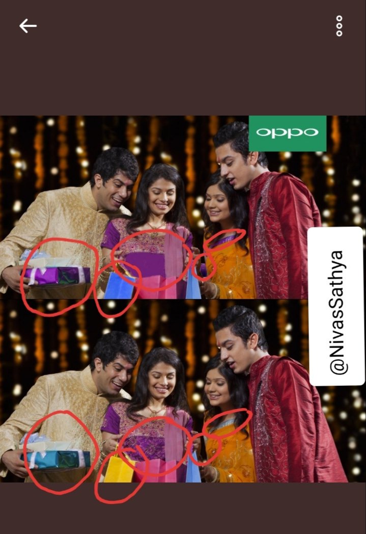 NivasSathya's tweet photo. @oppomobileindia 1. The violet gift wrapper has changed into blue. 
2. The second left girl has got an embroidery art on her dress
3. The blue packet has changed into yellow. 
4. #OPPOF9Pro has vanished. 
5. The border colour of the saree has changed from violet to silver. 
@oppomobileindia https://t.co/YpeHPv70BM