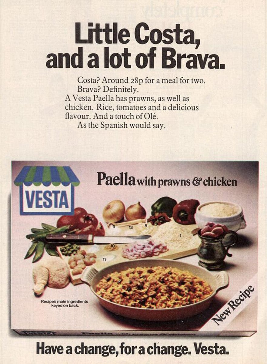 By 1968 Vesta had expanded into risotto and paella as well as dried prawn curry. Their logo was also updated: a market stall where the canopy reflected the country of origin of the dish.