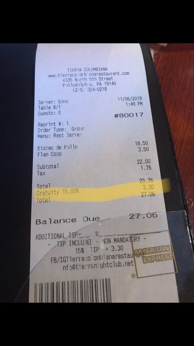 Philly friends - is it legal for a restaurant to include a mandatory 15% gratuity on bills?? @PhillyMayor  @cityofphilly #tierracolombiana