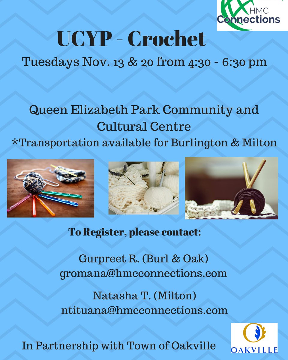 HMCYouthProgram's tweet photo. UCYP is coming to an end with Crochet for the last 2 weeks! Transportation is provided to #Burlington &amp; #Milton . If interested contact your location's CCYS :) 
#hmcconnections #halton #QEPCC #youth #ImmigrationMatters https://t.co/mjSSMbW5J0