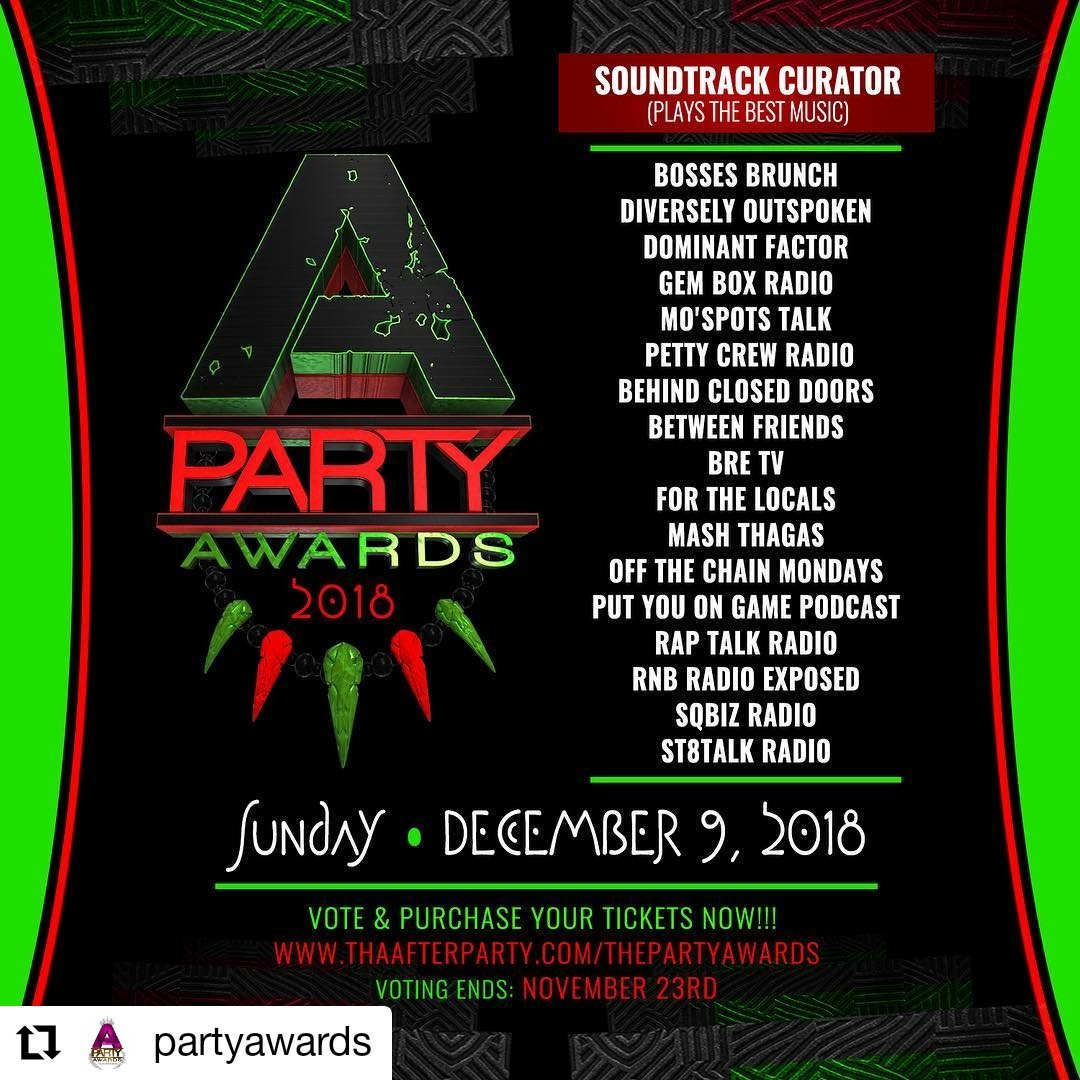 Which show on @thaafterparty plays the best music? 💻link in the bio📱. #GoVote and grab your ticket for the @partyawards! 🅰🏆 

#GoVote #ThePartyAwards18 #TAPartyAwards #soundtrackcurator #BlackPower #BlackPride #Share #partyawards