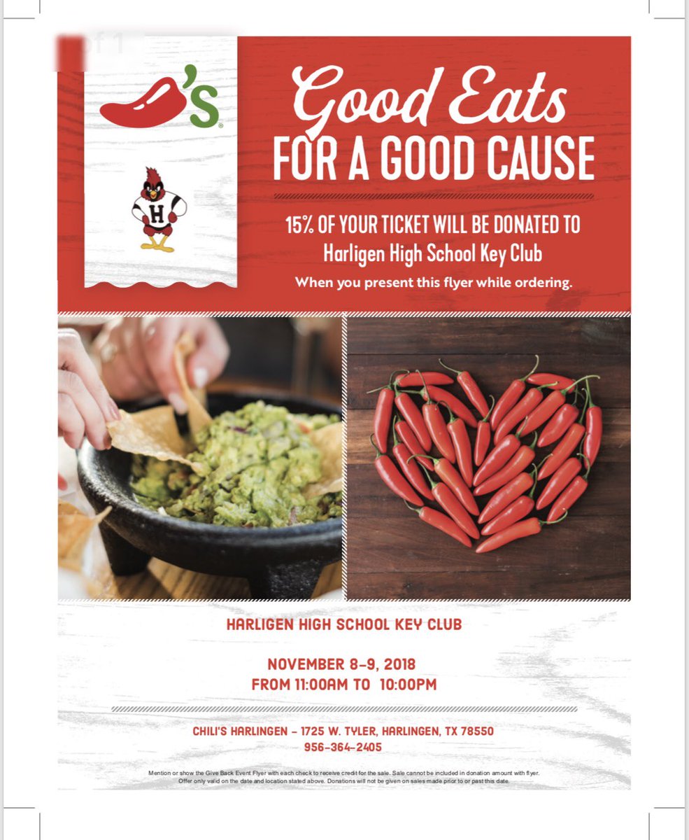 Come out to Chili’s this Thursday, November 8th and Friday, November 9th to support our Harlingen High School Key Club! Spread the word! <a href="/hcfb_official/">HCFB Official</a> <a href="/HHSCards/">#CSND</a> <a href="/HarlingenStuCo/">HHS Student Council</a> <a href="/harlingenhs2019/">HHS Senior class</a>  <a href="/cardsforchrist_/">HHS Cards For Christ</a> <a href="/HarlingenHS/">HHS Cardinals</a> <a href="/HTrackxc/">HHS TrackXC</a> <a href="/HarlingenBBall/">Harlingen Basketball</a> <a href="/HHS_GBBall/">Harlingen Lady Cards</a>