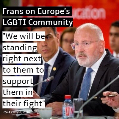 We stand with Frans Timmermans, as he backs Europe's LGBTI community by saying 'We will be standing right next to them to support them in their fight.' Frans has long supported our community, and will be our ally as we campaign for him in 2019. #PES #LGBTI