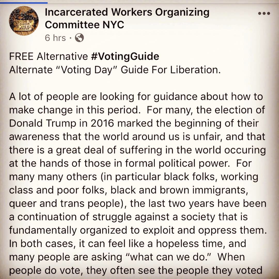 decolonize_this's tweet image. By the Incarcerated Workers Organizing Committee NYC:

FREE Alternative #VotingGuide
Alternate “Voting Day” Guide For Liberation. #decolonizethisplace || continue reading: facebook.com/17697988264662…