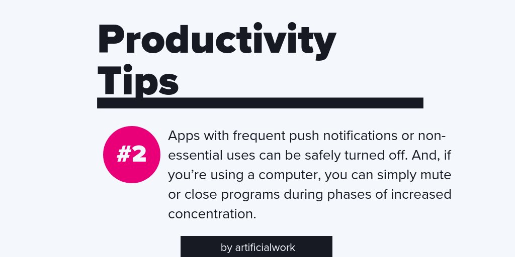 Artificialwork1's tweet image. Turn notifications off! Completely turning off your smartphone during work is not always necessary nor effective, and having access to a phone can have its advantages. More everyday #workhacks: bit.ly/2JIJ4uu #productivity