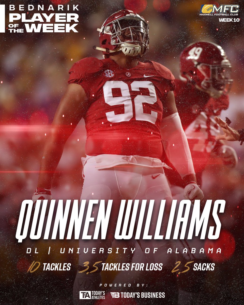 MaxwellFootball's tweet photo. .@AlabamaFTBL suffocated LSU this weekend 29-0. @QuinnenD1 spearheaded Saturday night’s shutout in Baton Rouge with a team-high 10 tackles, 3.5 stops for loss and 2.5 sacks. The sophomore has emerged as an All-American-caliber force on the interior of the Tide D. https://t.co/65MJSt6B9d