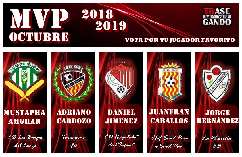 canticodeportiv's tweet photo. #MVPOCTUBRE Tenemos 5 candidatos a #mvp: Musta del @cdlesborges, Dani Jimenez del l'Hospitalet, Adriano Cardozo del @tgnfutbolclub, Juanfran Caballos del @CEFSTPEREISTPAU y Jorge Hernandez de la @laflorestaCD . Podeis votar en el enlace:

https://t.co/mdEOXSfCMU https://t.co/oEmBeHCfhq