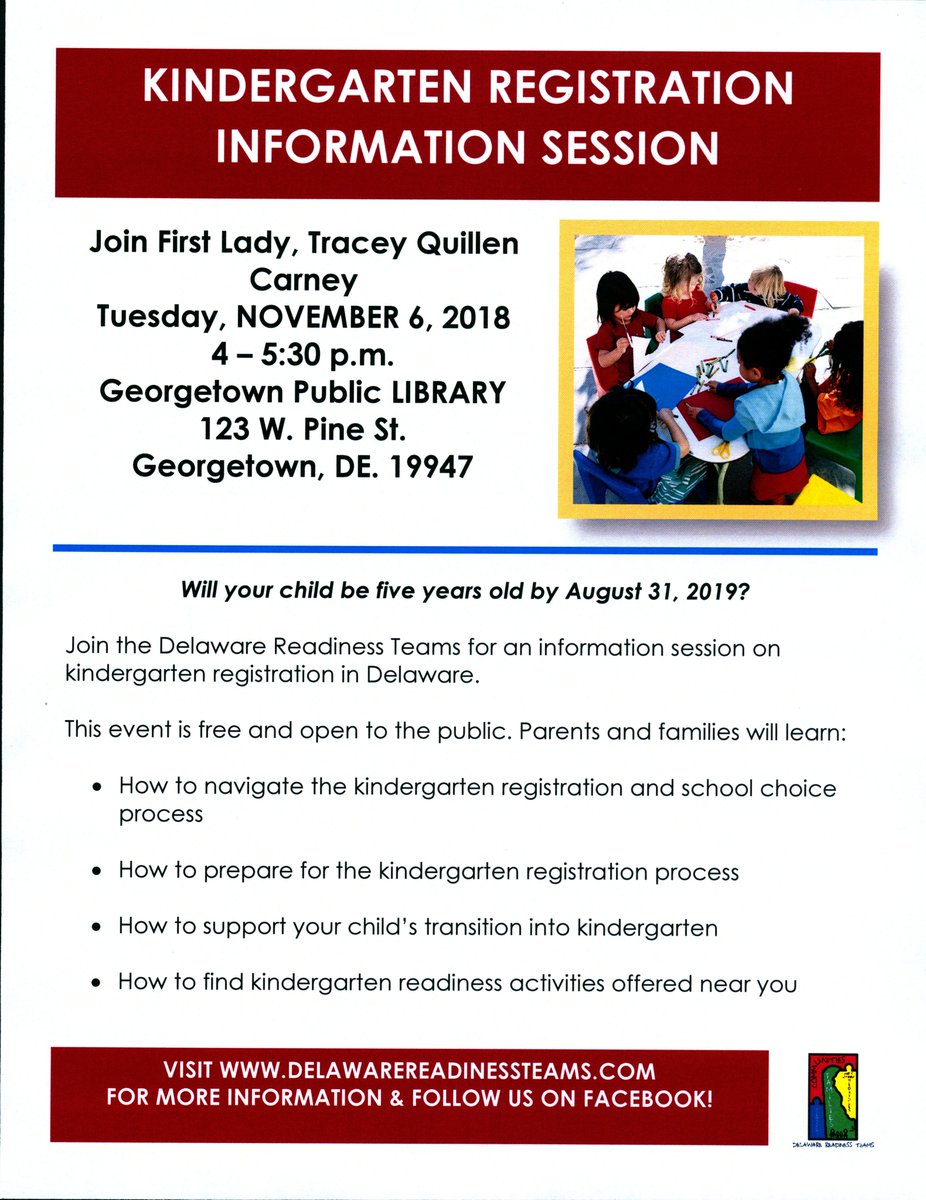 Today at 4 p.m.  Kindergarten 2019 Information Session with First Lady, Tracey Quillen Carney