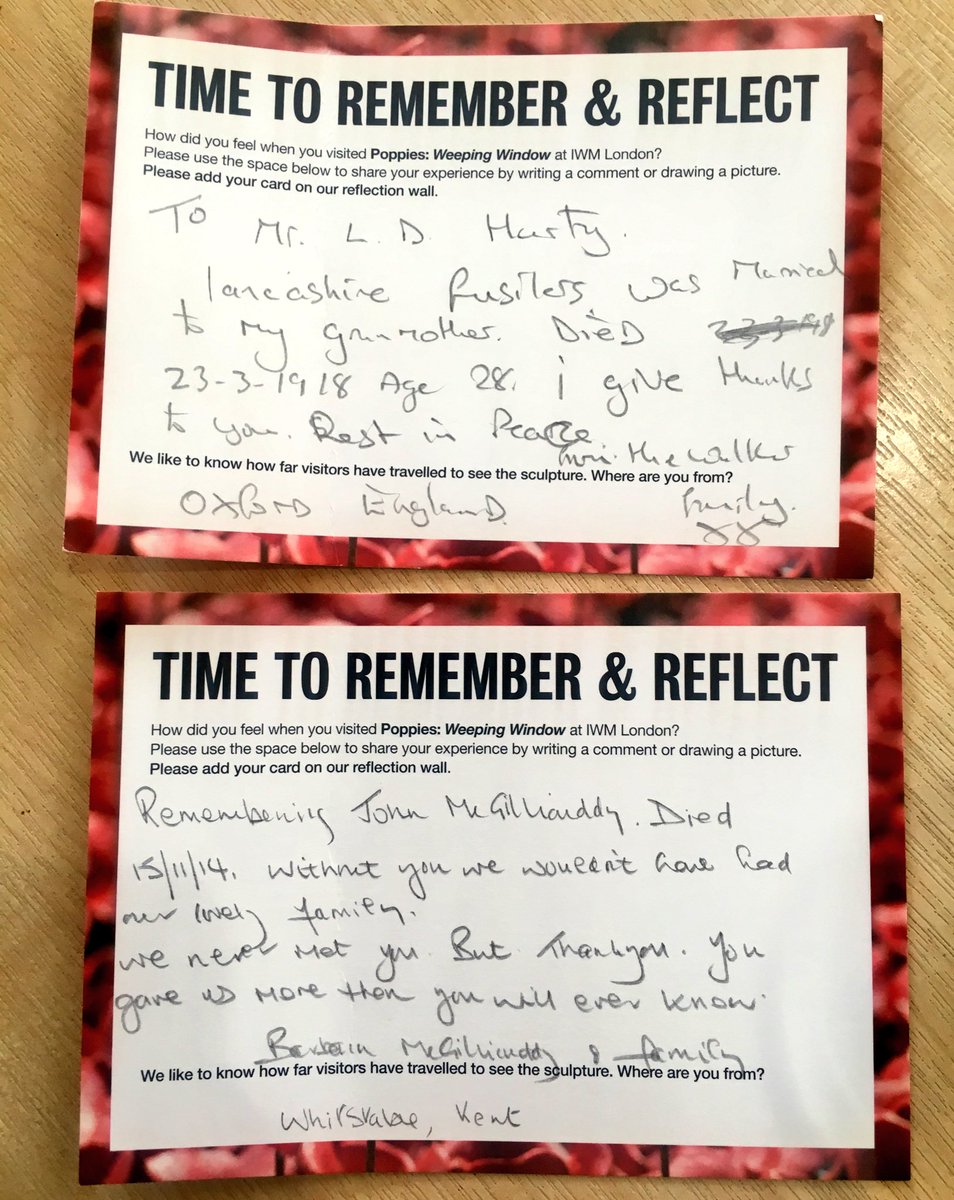 PoppyHattieLucy's tweet photo. A snippet of the many poignant Reflection Cards left on the Reflection Wall today by visitors to the Poppies: #WeepingWindow Reflecting on those who lost their lives in #WW1, the families that they left behind and who continue to remember them. #Remebrance2018 #PopVol2018 @I_W_M https://t.co/6wWmsEwK5V