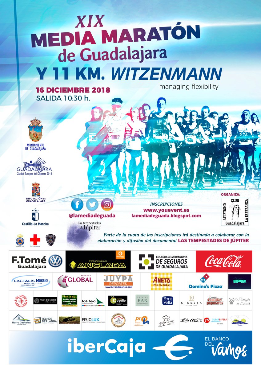 Patrocinadores y colaboradores XIX Media Maratón de #Guadalajara y 11 km. #Witzenmann Española ¡MIL GRACIAS a todos!
<a href="/GrupoFTOME/">Concesionario F.Tomé</a> <a href="/_Anclada_/">Anclada Maquinaria</a>, <a href="/MediadoresGuada/">Mediador Guadalajara</a>, <a href="/CocaCola_es/">Coca-Cola España</a>, <a href="/ZonaCocaCola/">Zona Coca-Cola</a>, Lactalis Nestlé, <a href="/globalargenti/">globalargenti</a>, Juypa Deportes, <a href="/AnetoNatural/">Aneto Natural</a>, <a href="/DominosPizzaGua/">Domino's Guadalajara</a>
(2 de 5)