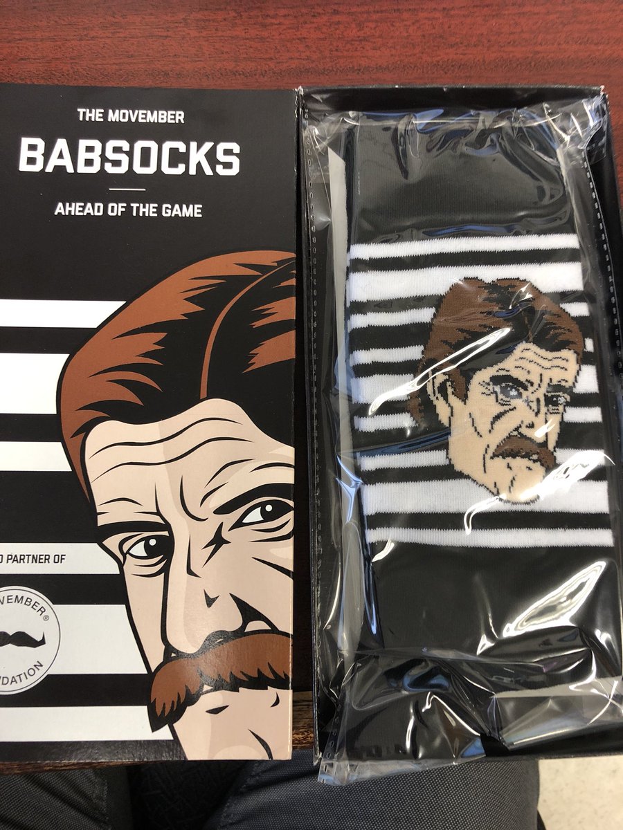 StephenMilesedu's tweet photo. Love the “Babsocks” as #Movember2018 fundraiser. Thanks so much @AshcroftBrendan for your gift. Wearing them for every Leaf home game starting tonight! Only washing them if we lose of course. @mapleleafs @tdsb @owenpublic https://t.co/KvijKTuQiU