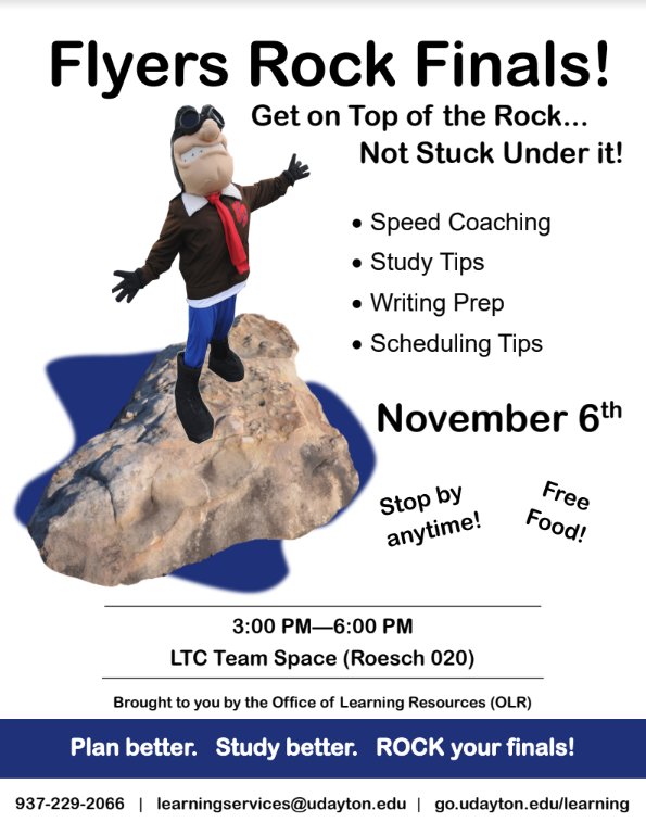 UDaytonOASSA's tweet photo. It's never too early to prepare for finals! Head to Roesch 020 from 3pm-6pm to get tips to rock your finals. Pro tip: there's free food! https://t.co/r1ANlQRvLb
