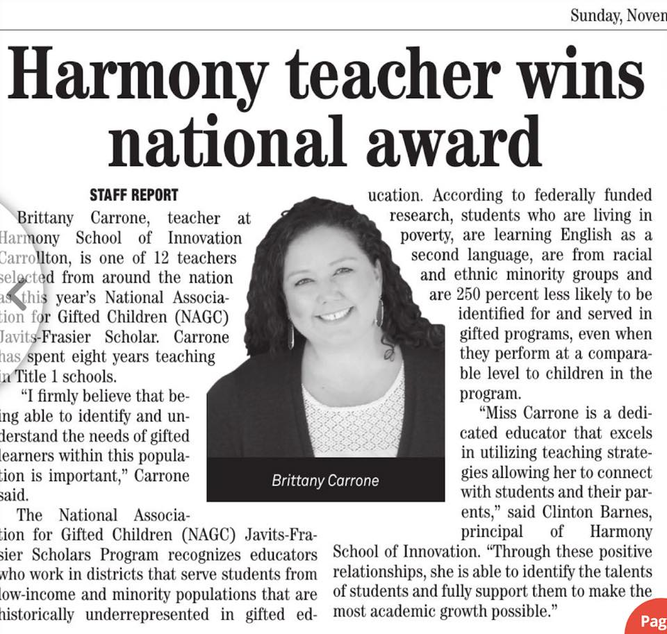 Check out the Carrollton Leader article highlighting our very own Ms. Carrone’s recent award! We are#HarmonyProud to have such fantastic#DedicatedStaff members in Harmony Public Schools DFW District!