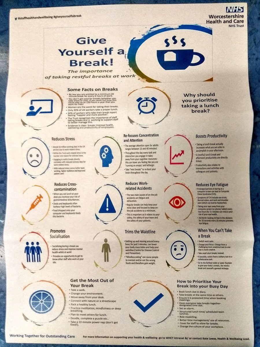 HWHCT_NHS's tweet photo. The 'Give Yourself a Break' campaign is launching soon! It highlights the importance of prioritising breaks into your busy work day. Taking a break is good for you, your team &amp; your patients. Be the change &amp; #giveyourselfabreak! #staffhealthandwellbeing #changetheculture @WHCT_OT https://t.co/tgY5q29Ua0