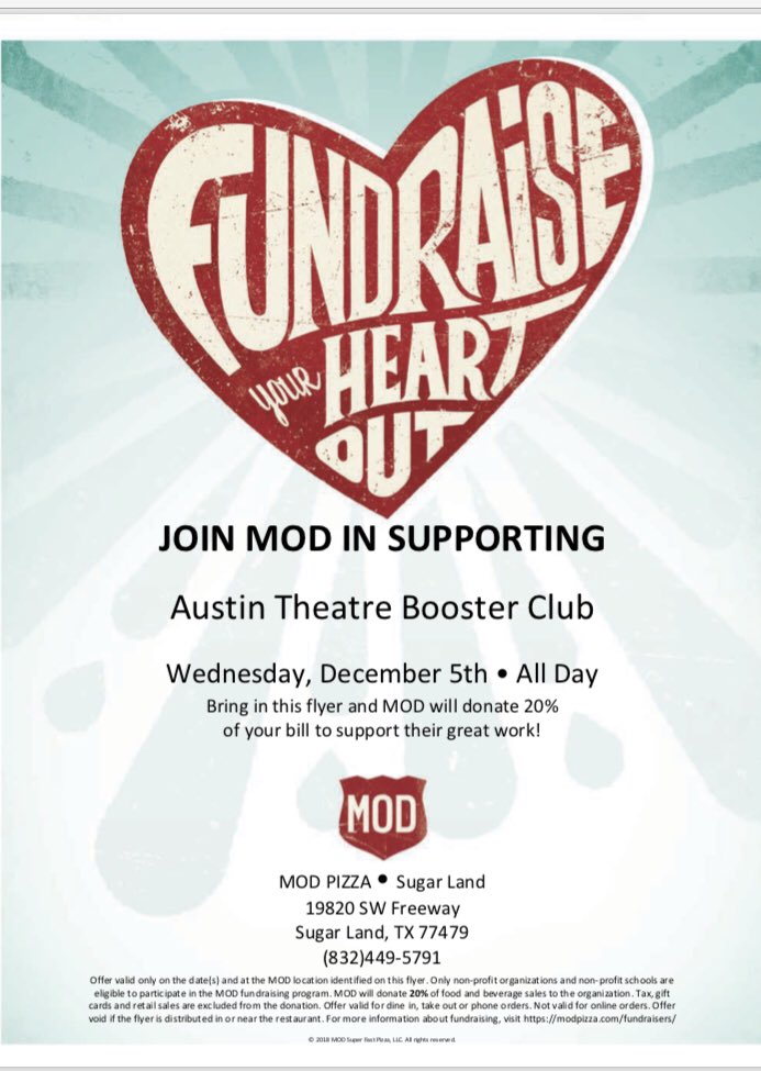 Come out and support The Austin Playhouse at MOD Pizza (Riverpark location) on Wednesday, December 5th!!