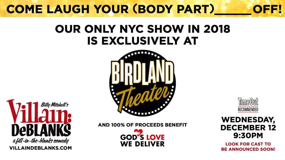 (VERB)______ the date, NYC! 
Coming 12/12 to @birdland. 
Cast announced soon, 100% proceeds to #GodsLoveWeDeliver. 
TICKETS ON SALE NOW: birdlandjazz.com/attraction/vil…