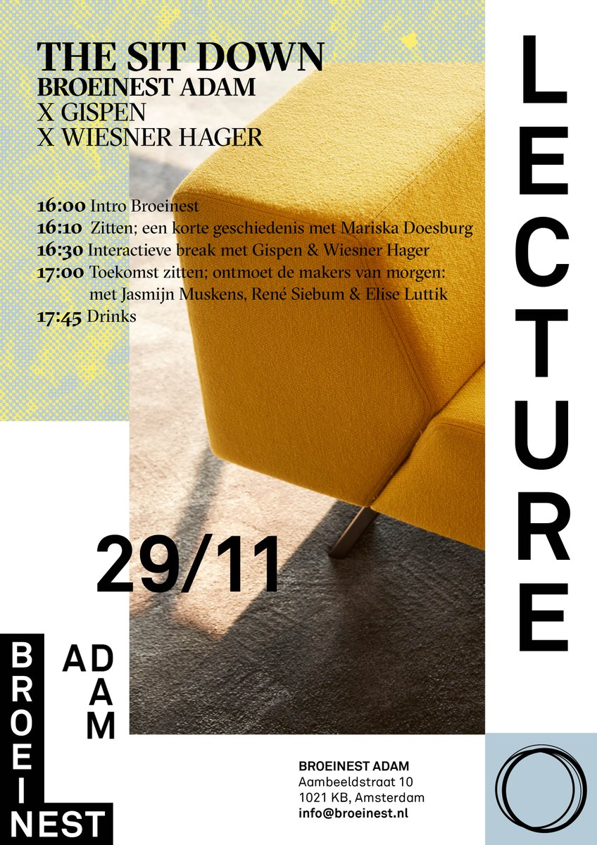 Werkzaam als interieurarchitect of vergelijkbaar? Wees erbij! In The Sit Down verdiept <a href="/broeinest/">Broeinest</a> ADAM in samenwerking met Partners <a href="/Gispen/">Gispen</a> en Wiesner Hager zich in ons zittende bestaan, maar dan net even anders! bit.ly/2DpryLm #duurzaam #design