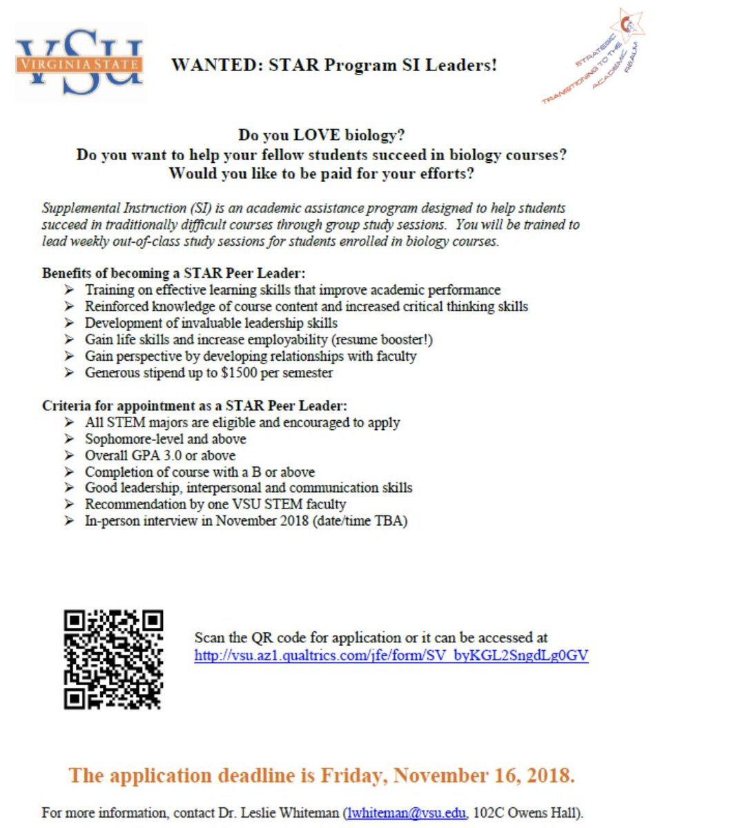 MrJoeLyons's tweet photo. There are so many students who succeed amazingly in biology so...
Put those talents right to work and also be PAID for it!
VSU is offering this one of a kind opportunity to ALL STEM majors that meet the criteria! 🔸🔹
#getpaid2018 #STARLeaders #VSU #RT https://t.co/Hdx8e9lwDh