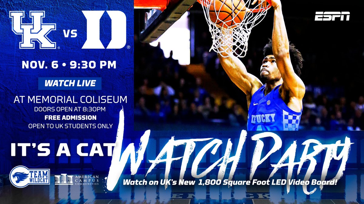 UKAthletics's tweet image. STUDENTS! The @championclassic is tonight and we can't wait to watch the Cats in action on Memorial Coliseum's new 1800 square-foot LED video board!

See you tonight at the Watch Party! #WeAreUK