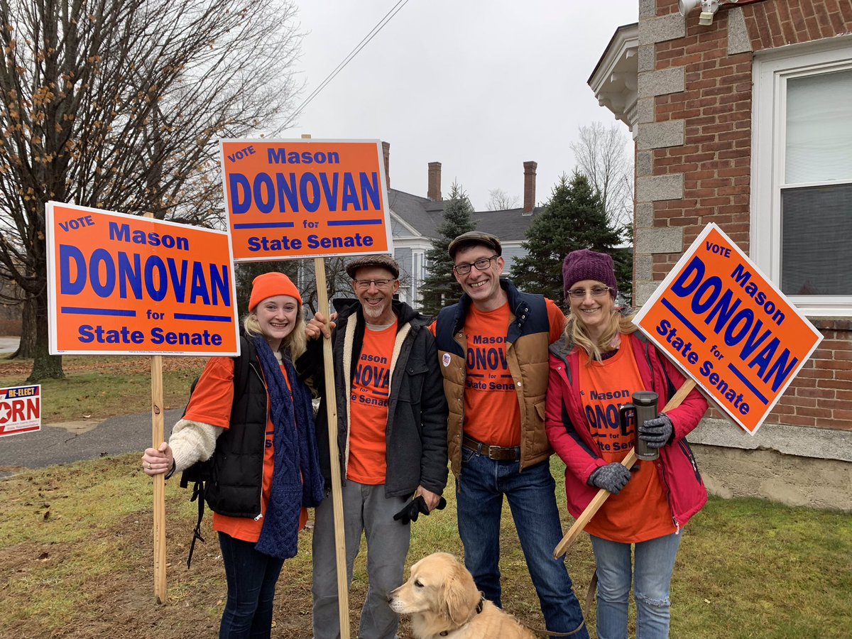 MasonDonovanNH7's tweet photo. The Donovan team is looking great this morning in Franklin. Still have time to get out and vote until 7 PM! #nhpolitics #ElectionDay https://t.co/dbqMmDf1OJ