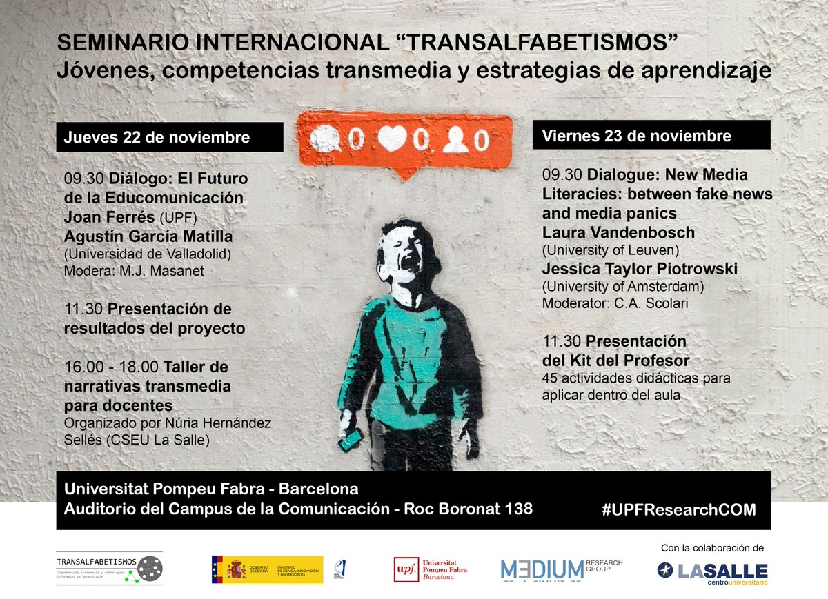 Trans_Literacy's tweet photo. Joan Ferrés y Agustín García Matilla debatirán sobre el futuro de la #educomunicación el próximo jueves 22 de noviembre (09:30 horas) en el Seminario Internacional #TRANSALFABETISMOS. Inscripción GRATUITA: https://t.co/SkEtmpXgjG … #MEDiUMResearch @facom_UPF @UPFBarcelona https://t.co/ue0yqbnXfU