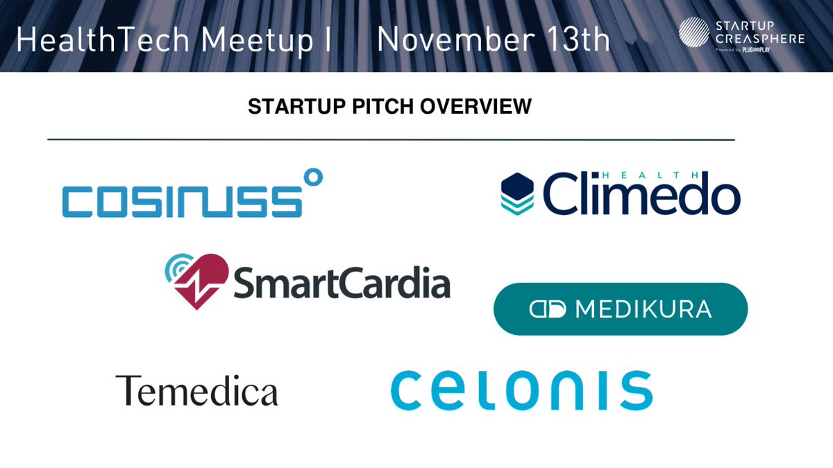 Happy to announce amazing #health #startup pitches from
Cosinuss GmbH Climedo Health GmbH Temedica Celonis @SmartCardia at our very first #health #meetup about "Health Tech Meetup - Collaborative Approaches in the Healthcare Industry" on November 13th in #munich.