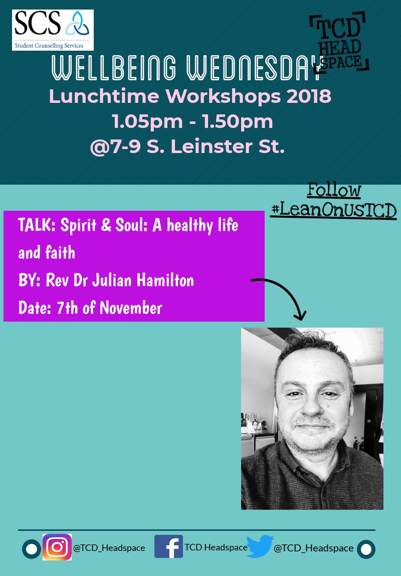 TCD_Headspace's tweet photo. This Wellbeing Wednesday we have @joolshamilton chatting with us about managing life and faith.
Discussing how we finding spaces for yourself, finding spaces for your faith and finding spaces for your inner space.
Pop along to this talk with @TCDMethodist #LeanOnUsTCD https://t.co/8Fm4Srzwca