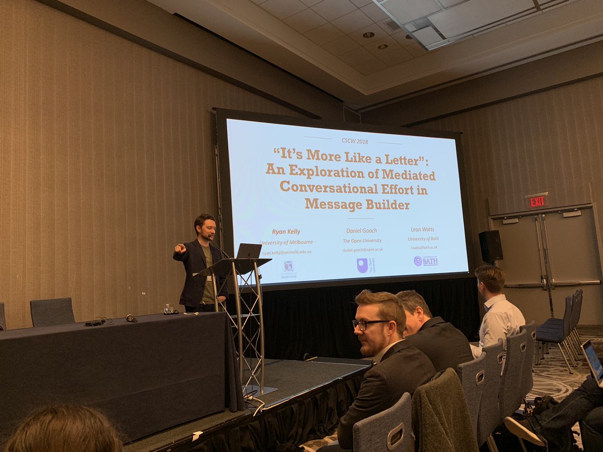 HCI_Bath's tweet image. Our former HCI seminar co-chair @ryanmkel is presenting his work with @danieljgooch and Dr Leon Watts at #cscw2018 @ACM_CSCW about Message Builder. Read more about it: doi.org/10.1145/3274356
