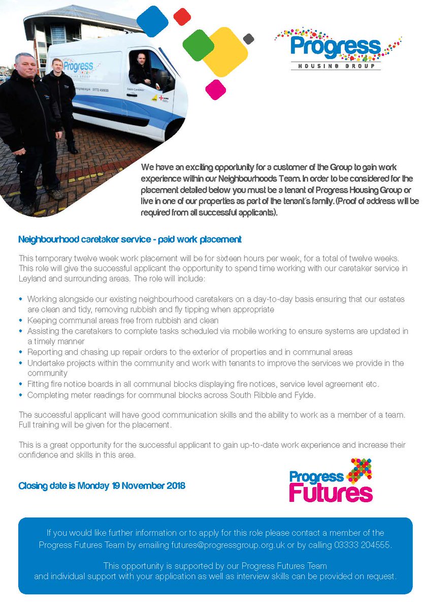 ProgressHG's tweet photo. We have an exciting opportunity for one of our customers to gain valuable #work #experience over a 12 week placement within our #Neighbourhoods Team.  To request an application form please contact a member of the #ProgressFutures Team at:  futures@progressgroup.org.uk https://t.co/chUjOwz3OD