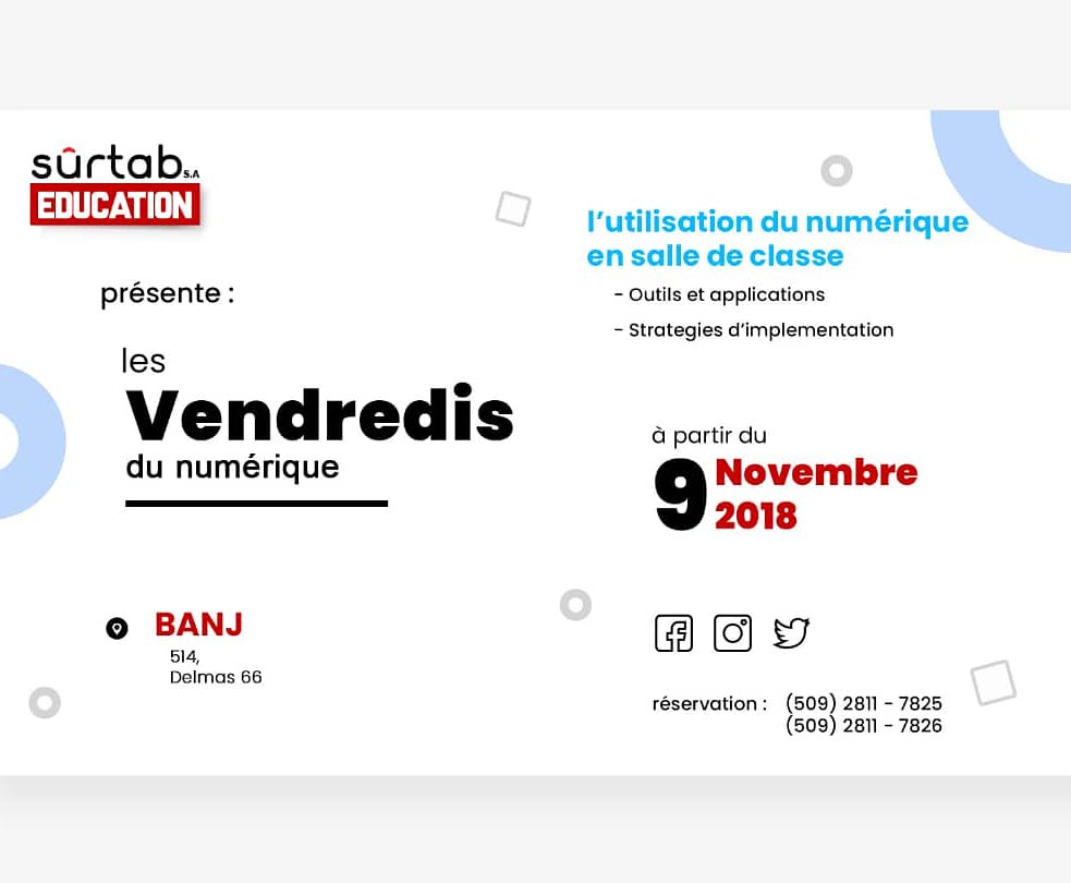 sûrtab (@surtab) on Twitter photo Venez découvrir les derniers outils TICE, les applications, plateformes et stratégies, pour une intégration efficiente du numérique en salle de classe.
1ère édition ce Vendredi 9 Novembre 2018 à Banj à delmas 66.
Accès gratuit.
réservation et info
509 28117825
Info@surtab.com Venez découvrir les derniers outils TICE, les applications, plateformes et stratégies, pour une intégration efficiente du numérique en salle de classe.
1ère édition ce Vendredi 9 Novembre 2018 à Banj à delmas 66.
Accès gratuit.
réservation et info
509 28117825
Info@surtab.com