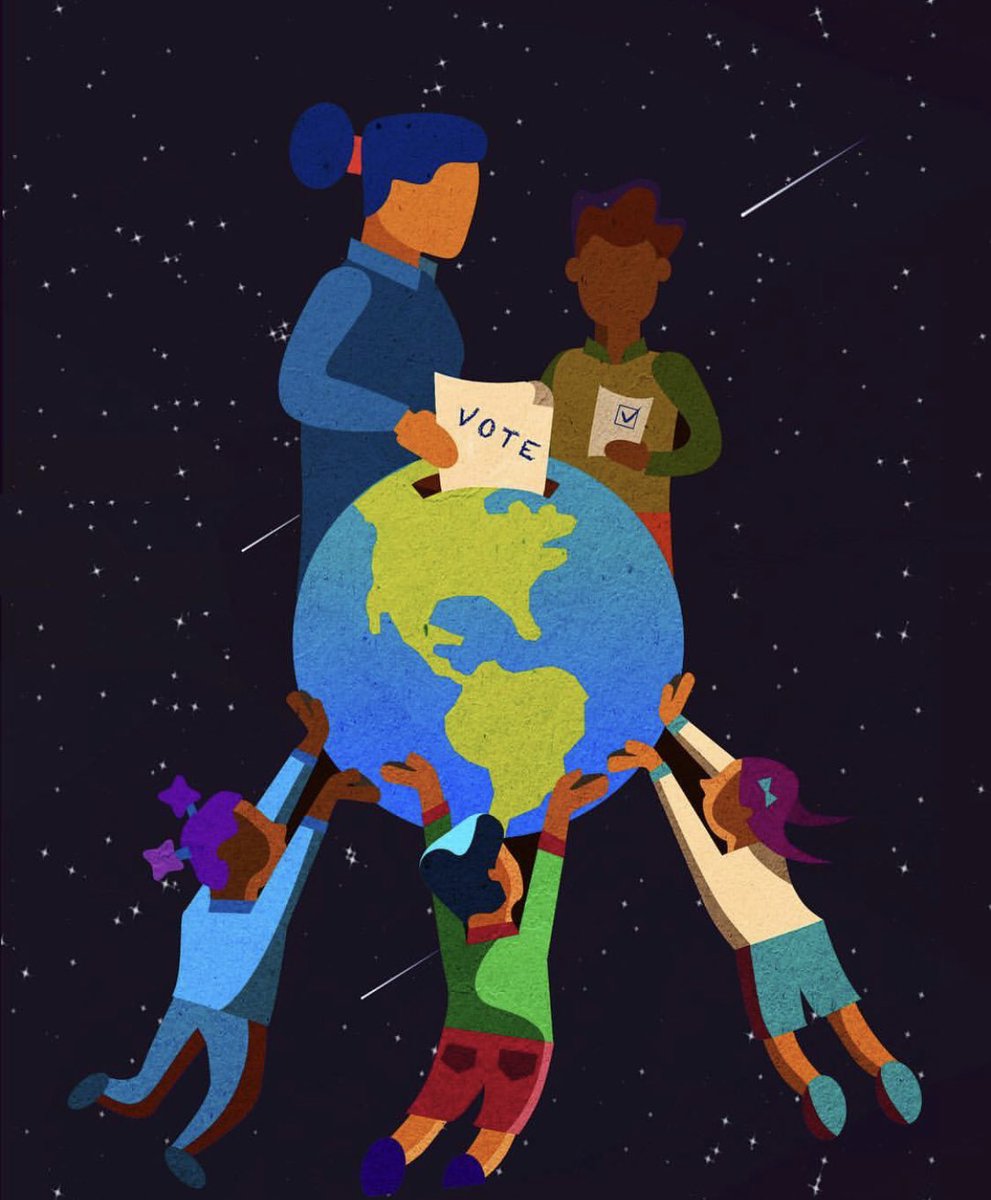 [IMAGE DESCRIPTION Night and starlight background.Illustrations of two adult humans casting their vote in the world as an illustration of three children hold the world up.]‬