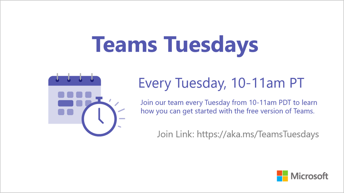 MicrosoftTeams's tweet photo. New to the Free version of #MicrosoftTeams? Have questions? Join us at @10am PT for an overview of the free version of Teams and get answers from the people behind Teams. Add it to your calendar using the “Add to Device” option here: https://t.co/BHtmOPaJx6 https://t.co/IBGEgFjhQw