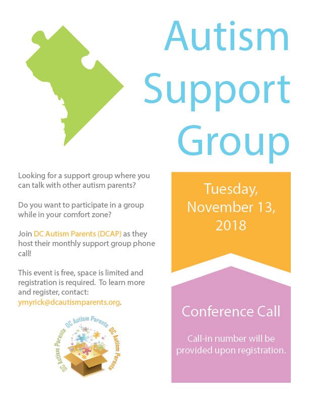 DCAutismParents (@dcdcap) on Twitter photo Need help navigating systems? Join DC Autism Parents (DCAP)'s monthly support group conference call next Tuesday, November 13th! To register, please email ymyrick@dcautismparents.org. Need help navigating systems? Join DC Autism Parents (DCAP)'s monthly support group conference call next Tuesday, November 13th! To register, please email ymyrick@dcautismparents.org.