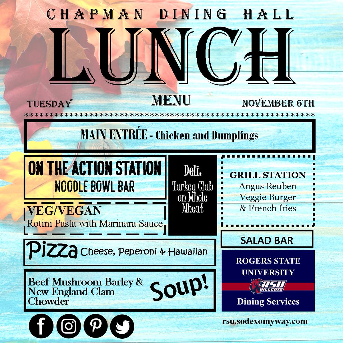 RSUDining's tweet photo. Here's what's for lunch Today at Chapman Dining Hall. 11 am to 2:30 pm. #RSUDining #ChapmanDiningHall #LunchTime https://t.co/b4j4hzwt3W