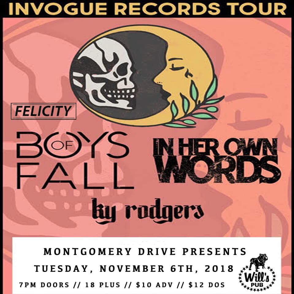 #GOVOTE then RAGE for the <a href="/InVogueRecords/">InVogue Records</a> Tour w/ <a href="/InHerOwnWords/">IHOW</a>, <a href="/BoysOfFallBand/">Boys of Fall</a>, <a href="/WeAreFELICITY/">FELICITY</a>, &amp; @OfficialKyMusic 🤘

Regardless of outcome, <a href="/WillsPub/">Will's Pub</a> is the spot to celebrate or drown your sorrows, &amp; <a href="/11ElevenFEST/">11ElevenFEST</a> is the place to be Sunday <4 

#MidtermElections2018 #IVoted