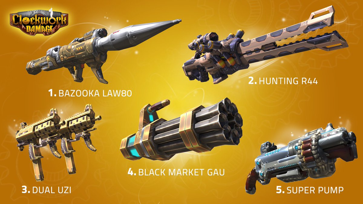 HailStudios's tweet photo. ⏬T -1 till global launch, are you ready? Comment with your favourite weapon⏬

1. Bazooka Law80
2. Hunting R44
3. Dual Uzi
4. Black Market Gau
5. Super Pump

#ClockWorkDamage #gaming #weapons #gamers #android #iOS https://t.co/Dzsvnbu0kf