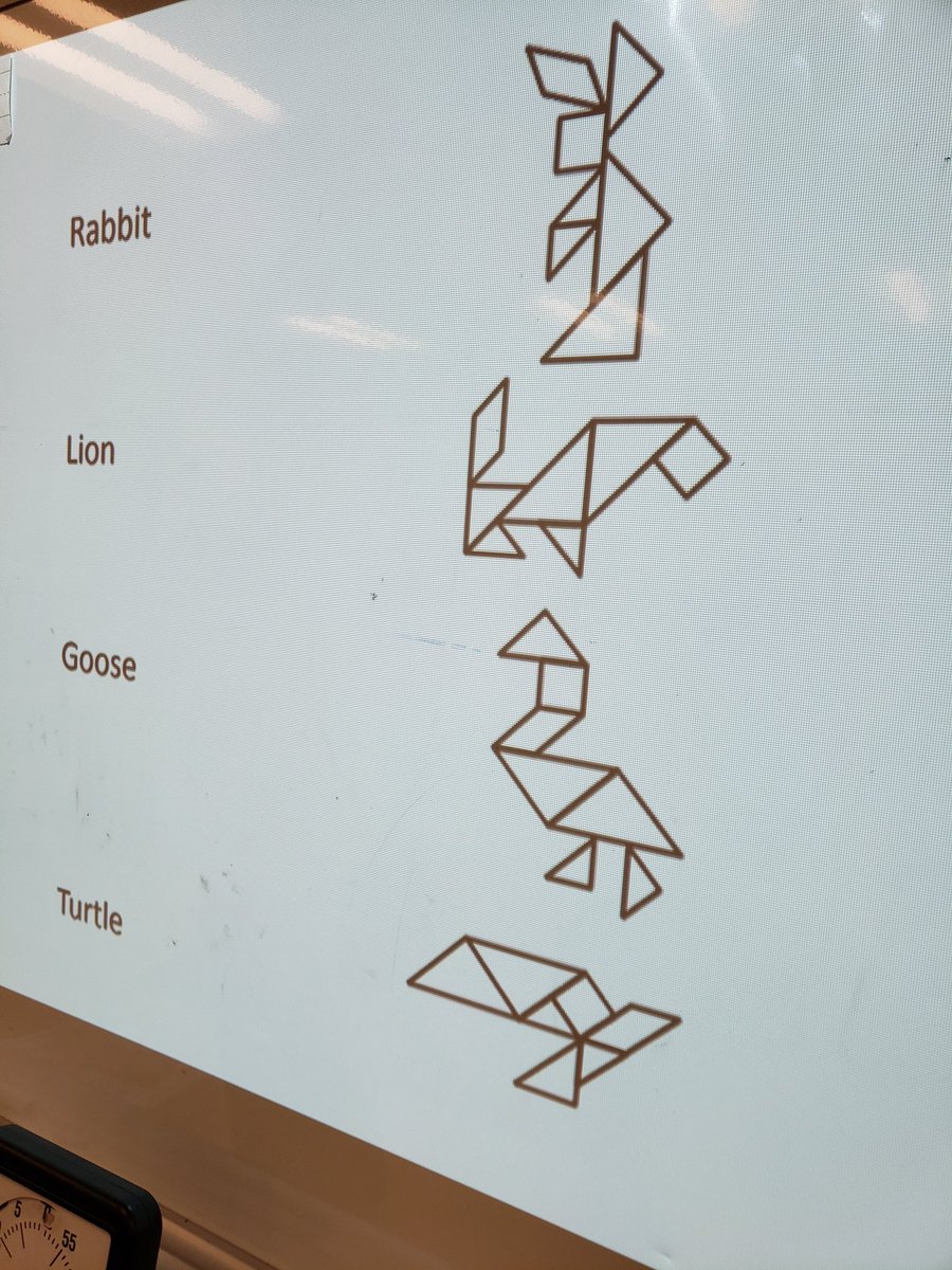 Mrsparmelee's tweet image. 2D shapes and spatial reasoning after reading Grandfather Tang's Story.  
#mathreadaloud 
#spatialsense