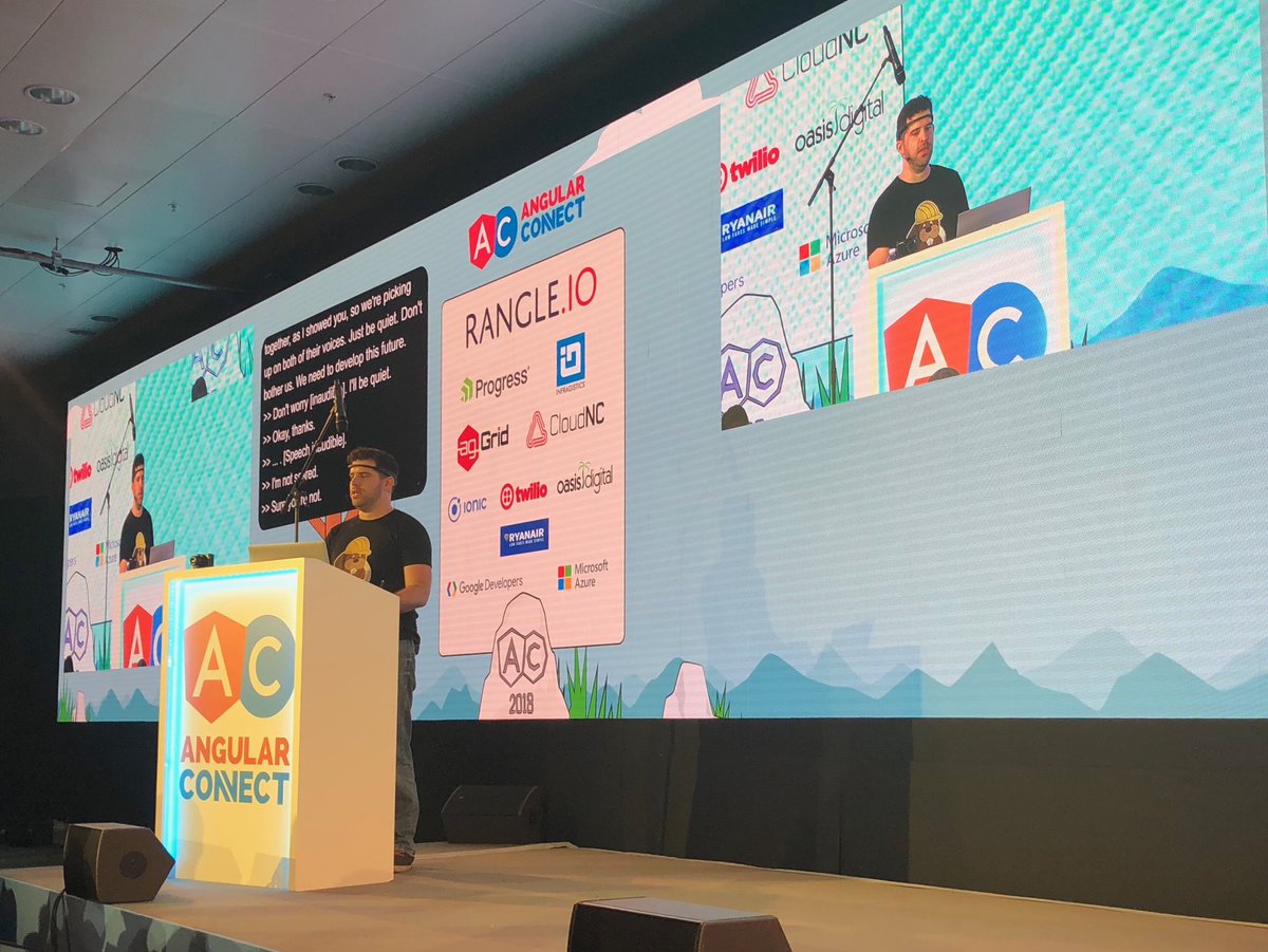 bonnster75's tweet photo. ⁦🤣🤣🤣🤣 @shai_reznik⁩ on stage arguing with his own brain 🤣🤣🤣 #AngularConnect2018 https://t.co/7p5Ny5STNV