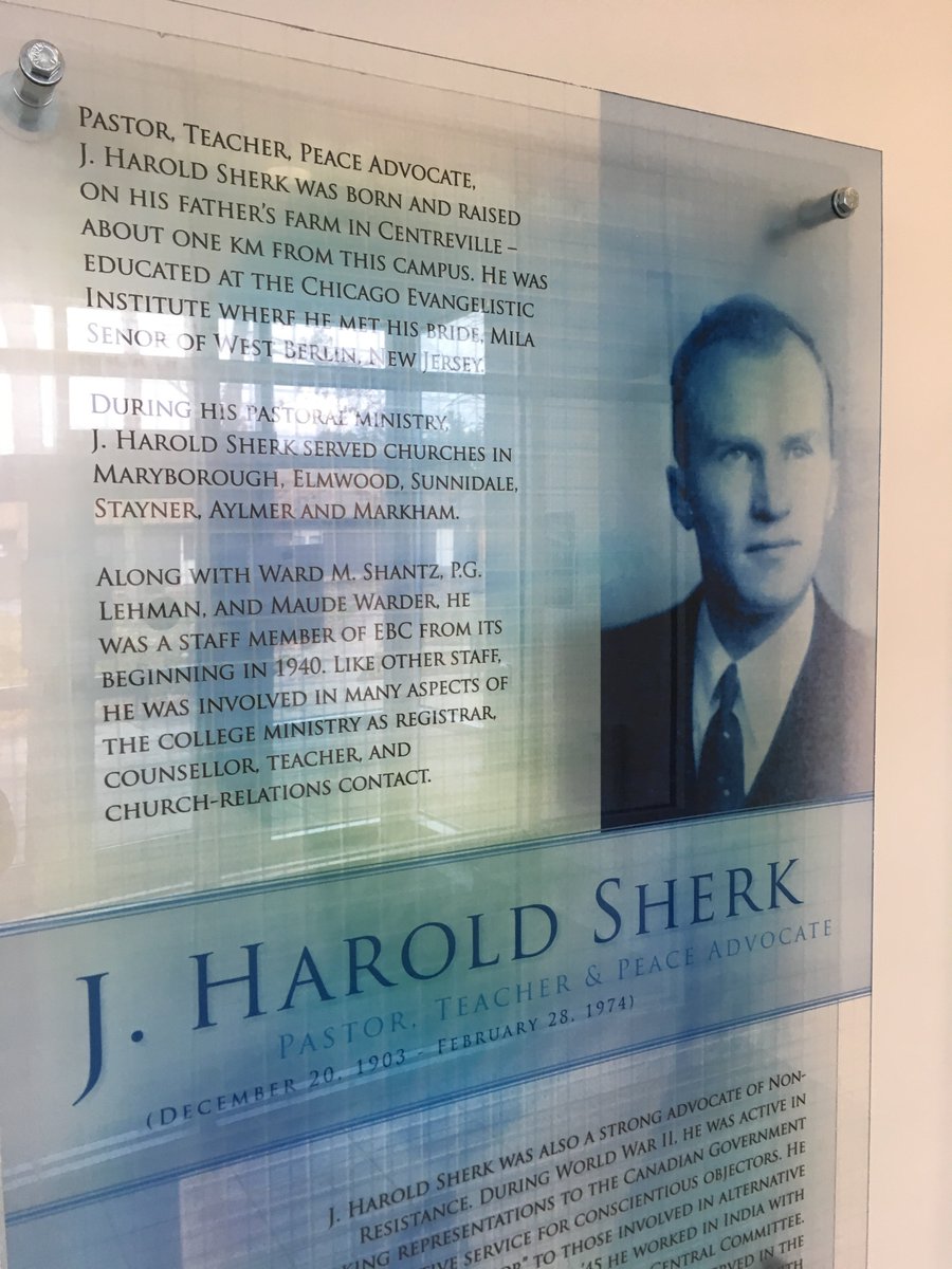 StephenARoy's tweet photo. Marking #Remembrance2018 I am privileged to work in a building at @EBCollege named after a peace advocate and advocate of non-resistance, J. Harold Sherk. @mccorg @MCCOntario #nonresistence #peacebuilding #peacechurches https://t.co/zCUdlac4be