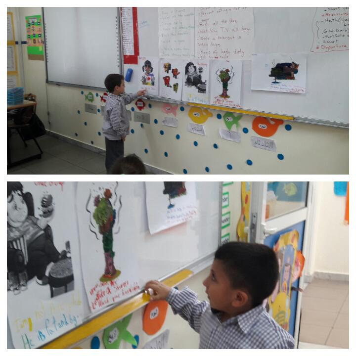 nada_abdulkader's tweet photo. Grade One "A" differentiate between healthy and unhealthy habits on a T- Chart. Then discuss the unhealthy habits pictures and write how they can change them into healthy ones #healthyhabits #GroupWorkActivity @DawhaHighSchool https://t.co/NhYbvbFwUk