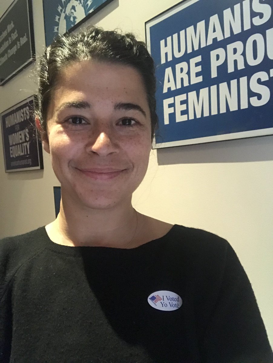 americnhumanist's tweet image. Humanists are proud voters! Social Justice Coordinator Rachel and paralegal Izzy's votes were counted today - make sure yours is too! #SecularValues #SecularValuesVoter #ElectionDay